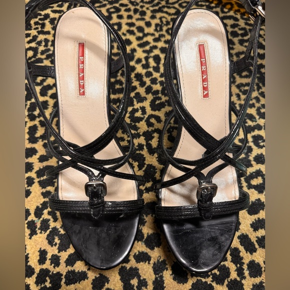 PRADA WEDGE STRAPPY LUXURIOUS SHOES US 8 BLK PATTON LEATHER NEW - Picture 9 of 10